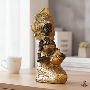 African Woman Figurine with Tribal Headdress, Sitting Sculpture Holding Pot, Decorative Statue Home Decor Gift