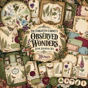 May include: A junk journal kit titled The Forgotten Cabinet's Observed Wonders with 39 pages featuring botanical illustrations, butterflies, ferns, vintage keys, wax seals, and lined stationery tags in a muted, earthy color palette.