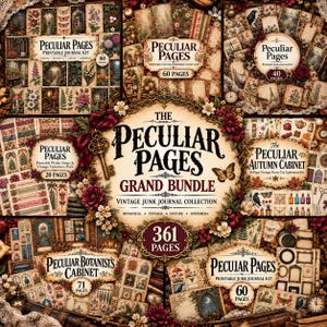 以下が含まれることがあります： 「The Peculiar Pages Grand Bundle」というテキストが記された、ヴィンテージスタイルのジャンクジャーナル用エフェメラのデジタルコラージュ。植物や自然をテーマにした印刷可能なページ、和紙テープ、切り抜き用素材が含まれています。