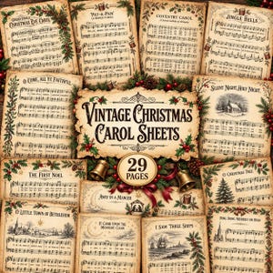 May include: A collection of 29 vintage Christmas carol sheets featuring musical notation and lyrics for songs like Silent Night and Jingle Bells. The pages have an aged paper texture, decorated with holly, pine branches, and gold bells.