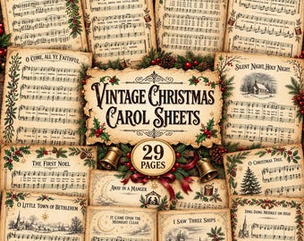 May include: A collection of 29 vintage Christmas carol sheets featuring musical notation and lyrics for songs like Silent Night and Jingle Bells. The pages have an aged paper texture, decorated with holly, pine branches, and gold bells.