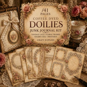 May include: A junk journal kit featuring 41 pages of coffee-dyed paper with lace and floral frame designs. The set includes rectangular and oval frames decorated with pink roses and intricate lace borders, presented as printable craft supplies.