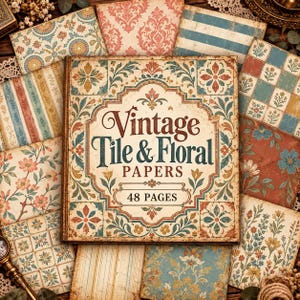 May include: A square book titled Vintage Tile & Floral PAPERS 48 PAGES with a decorative border. The cover features a central ornate frame surrounded by various paper samples displaying patterns of tiles, stripes, and floral motifs in muted tones.