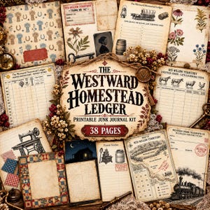 Può includere: Una raccolta di pagine stampabili per junk journal intitolata The Westward Homestead Ledger, con illustrazioni in stile vintage di una macchina da cucire, un treno a vapore, mappe, registri del bestiame, stampe botaniche e oggetti rustici.