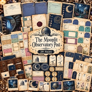 May include: A collection of 29 pages of vintage-style paper ephemera featuring celestial and observatory themes. The set includes telegram forms, receipt slips, gift tags, circular labels, and illustrations of telescopes, moons, and star charts.