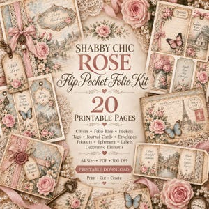 Könnte beinhalten: Ein Shabby Chic Rose Flip Pocket Folio Kit mit 20 druckbaren Seiten im A4-Format. Die Sammlung enthält Umschläge, Folio-Basen, Taschen, Anhänger, Journal-Karten, Umschläge, Ausklappseiten, Ephemera, Etiketten und dekorative Elemente mit Blumenmotiven.