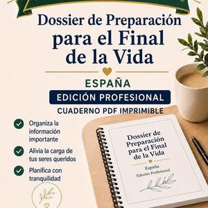 K&ouml;nnte beinhalten: Ein druckbarer PDF-Planer mit dem Titel Dossier de Preparaci&oacute;n para el Final de la Vida, bestehend aus einem Spiralblock, einem schwarzen Stift und einer Kaffeetasse. Das Dokument enth&auml;lt Abschnitte zur Organisation von Informationen und Vorsorge.