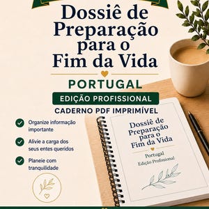 May include: A printable PDF planner titled Dossiê de Preparação para o Fim da Vida, featuring a dark green banner, a spiral-bound notebook with matching cover text, a coffee mug, and a pen. The document includes checklists for organizing information.
