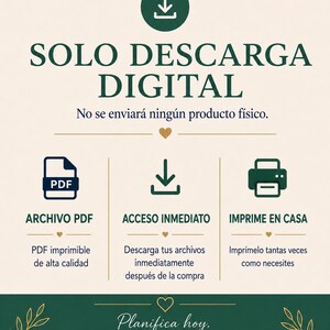 K&ouml;nnte beinhalten: Eine digitale Download-Infografik mit dunkelgr&uuml;nem Text und Symbolen auf cremefarbenem Hintergrund. Sie enth&auml;lt ein Download-Symbol, ein PDF-Symbol, ein Druckersymbol und den Text: SOLO DESCARGA DIGITAL, No se enviar&aacute; ning&uacute;n producto f&iacute;sico, ARCHIVO PDF, ACCESO INMEDIATO, IMPRIME EN CASA, Planifica hoy. Ofrece claridad ma&ntilde;ana. ESPA&Ntilde;A.