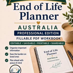 May include: A digital End of Life Planner Australia Professional Edition fillable PDF workbook. The cover features dark blue text on a light background, including the title, a list of features, and a spiral-bound notebook mockup with a pen.