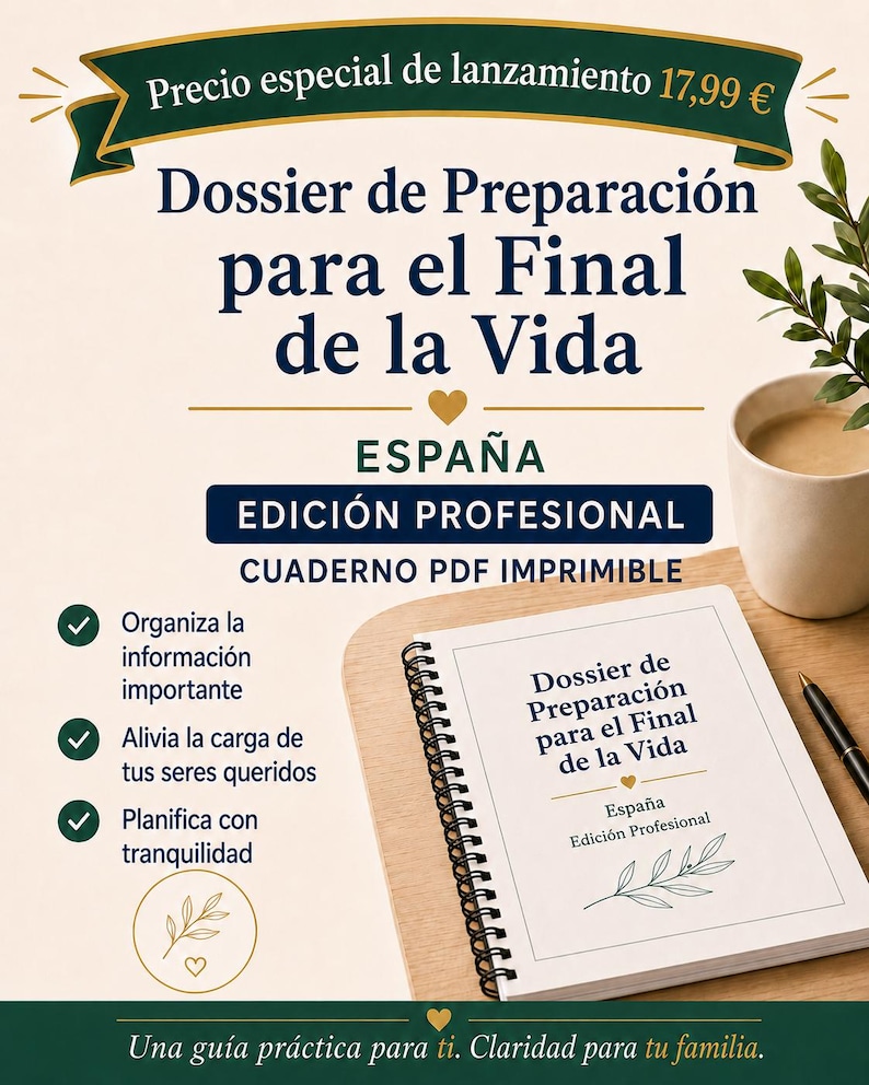 K&ouml;nnte beinhalten: Ein druckbarer PDF-Planer mit dem Titel Dossier de Preparaci&oacute;n para el Final de la Vida, bestehend aus einem Spiralblock, einem schwarzen Stift und einer Kaffeetasse. Das Dokument enth&auml;lt Abschnitte zur Organisation von Informationen und Vorsorge.