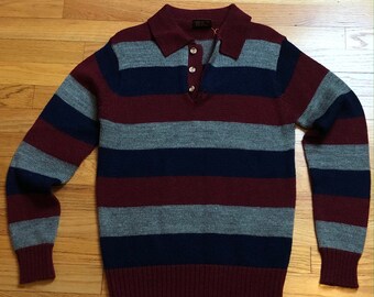 Set Sail for New Horizons - Vintage 1970s HORIZON Gray/Navy Blue/Maroon Fat-Striped Pullover Collared Sweater - MEDIUM