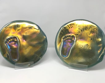 Never Mind a Heart of Glass... - TWO (2) 1970s OUTSIDER ART 11.5" iridescent glass disc Child's Feet Castings - Occult, weird