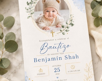 Boy Baptism Invitation with Photo, Blue Gold Christening Template (Digital Download)