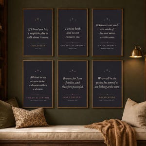 May include: Six rectangular wall art prints in dark frames, each featuring white text quotes from literary authors including Jane Austen, Charlotte Brontë, Emily Brontë, Edgar Allan Poe, Mary Shelley, and Oscar Wilde, arranged in two rows of three.