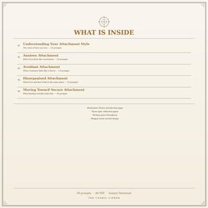 May include: A cream-coloured document titled WHAT IS INSIDE with a target icon. It lists five sections: Understanding Your Attachment Style, Anxious Attachment, Avoidant Attachment, Disorganised Attachment, and Moving Toward Secure Attachment, each with 10 prompts.