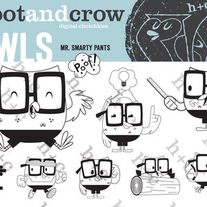 K&ouml;nnte beinhalten: Schwarzwei&szlig;illustration einer Reihe von Eulen, die Brillen tragen. Die Eulen befinden sich in verschiedenen Posen, darunter stehend, sitzend und fliegend. Der Text "MR. SMARTY PANTS" und "Poof!" ist im Bild enthalten.