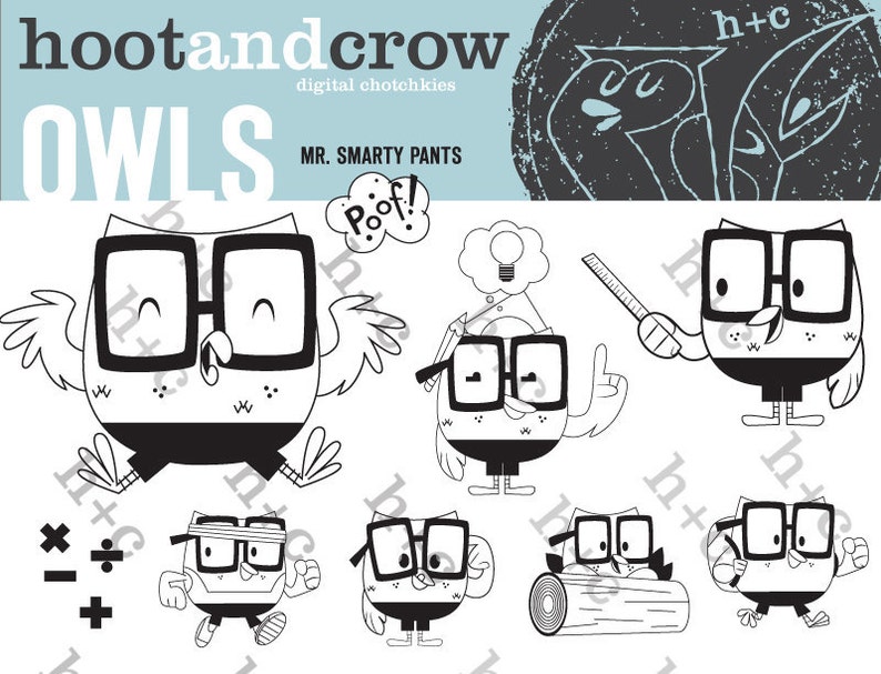 K&ouml;nnte beinhalten: Schwarzwei&szlig;illustration einer Reihe von Eulen, die Brillen tragen. Die Eulen befinden sich in verschiedenen Posen, darunter stehend, sitzend und fliegend. Der Text "MR. SMARTY PANTS" und "Poof!" ist im Bild enthalten.