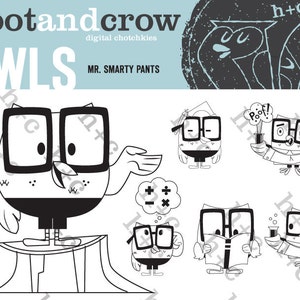 K&ouml;nnte beinhalten: Schwarzwei&szlig;-Illustration eines Cartoon-Eulen mit Brille und einem Abschluss-Hut. Die Eule steht auf einem Baumstumpf. Der Text "MR. SMARTY PANTS" befindet sich &uuml;ber der Eule.
