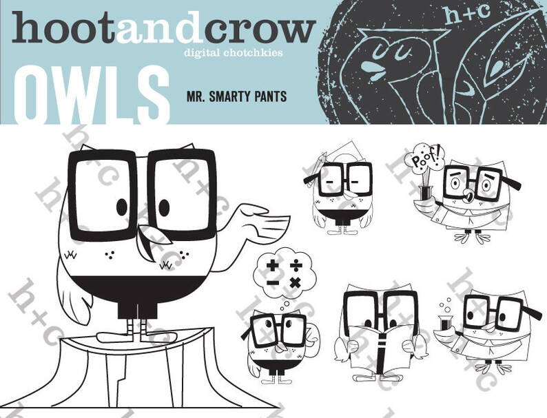 K&ouml;nnte beinhalten: Schwarzwei&szlig;-Illustration eines Cartoon-Eulen mit Brille und einem Abschluss-Hut. Die Eule steht auf einem Baumstumpf. Der Text "MR. SMARTY PANTS" befindet sich &uuml;ber der Eule.