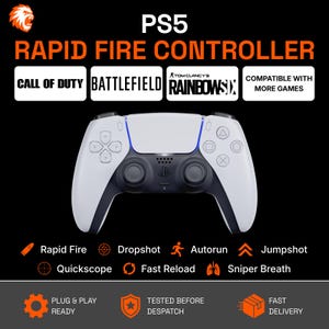 May include: A white and black PS5 rapid fire controller featuring text for Call of Duty, Battlefield, and Rainbow Six. The graphic lists features including Rapid Fire, Dropshot, Autorun, Jumpshot, Quickscope, Fast Reload, and Sniper Breath.