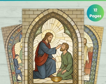 12 Jesus Miracles Stained Glass Coloring | Sacred Bible Story Printable | Scripture Coloring Book | Digital PDF