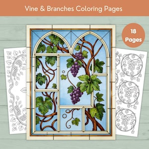 May include: A set of 18 Vine & Branches Coloring Pages featuring black and white line art of grapevines and clusters of grapes. The central image displays a colored illustration of a stained glass window with grapevines and purple grapes.