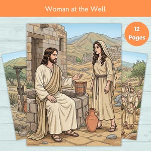 Op de afbeelding: Een kleurboek van 12 pagina's getiteld Woman at the Well met een gekleurde illustratie van een man met lang bruin haar en een beige gewaad die op een stenen put zit en praat met een vrouw in een beige jurk en hoofdbedekking met een emmer.