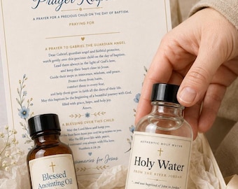 Catholic Baptism Gift Set, Jordan River Holy Water, Anointing Oil, Guardian Angel Prayer Keepsake