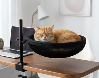 Desk Mounted Cat Bed with Clamp, Hanging Mesh Hammock Lounger, Adjustable Cat Perch for Home Office Workspace