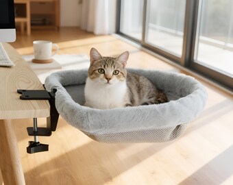 Foldable Desk Mounted Cat Bed, Hanging Hammock Basket with Clamp, Space Saving Cat Perch for Office Table