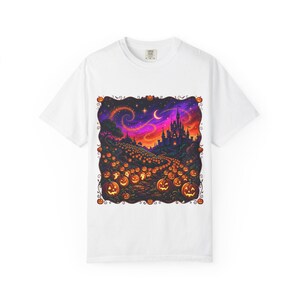 Pumpkin Patch Night T-shirt | Haunted Castle, Jack-O'-Lantern Field, Halloween Sky
