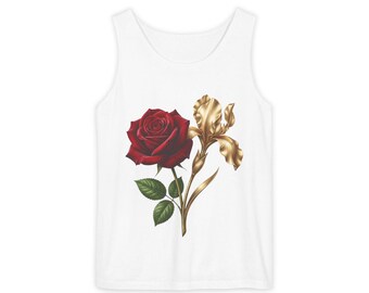 Red Rose and Gold Iris Tank Top | Floral Botanical Illustration