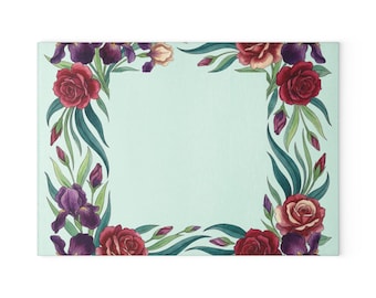 Watercolor Rose and Iris Floral Border Glass Cutting Board | Kitchen Trivet