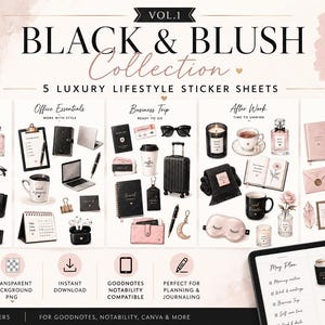 以下が含まれることがあります： 「Black & Blush Collection Vol. 1」と題された5枚のデジタルステッカーシートコレクション。オフィス用品、旅行用品、ライフスタイルアクセサリーのイラストが、黒、白、淡いピンクの色調で描かれており、デジタルプランナー用として使用できます。