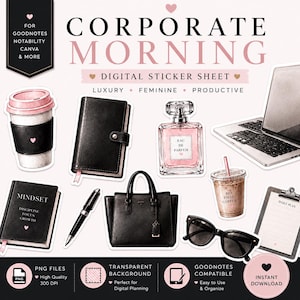 Może przedstawiać: Cyfrowy arkusz naklejek zatytułowany Corporate Morning zawierający ilustracje kubka do kawy, czarnego planera, butelki perfum, laptopa, długopisu, czarnej torebki, mrożonej kawy z napisem But First Coffee, okularów przeciwsłonecznych i podkładki.