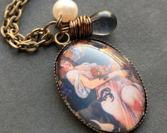 Autumn Necklace. Alphonse Mucha Pendant with Dark Blue Teardrop and Pearl. Charm Necklace. Art Nouveau Jewelry. Handmade Jewellery.