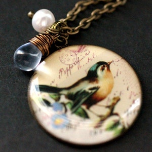 Song Bird Necklace. Bird Necklace. Song Bird Pendant with Wire Wrapped Teardrop and Fresh Water Pearl. Bird Jewelry. Handmade Jewelry. image 1