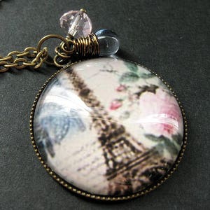 Romantic Eiffel Tower Necklace. French Necklace with Blue Teardrop and Pink Crystal. Handmade Jewelry.