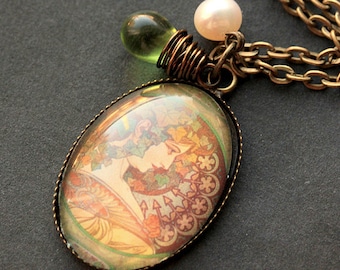 Alphonse Mucha Necklace. Ivy Pendant with Green Teardrop and Pearl. Charm Necklace. Wearable Art Nouveau Jewelry. Handmade Jewelry.