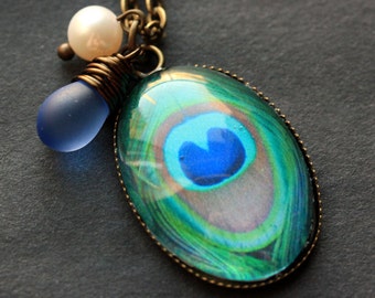 Peacock Necklace. Peacock Feather Pendant with Glass Teardrop and Pearl. Peacock Eye Charm Necklace. Wearable Art Jewelry. Handmade Jewelry.