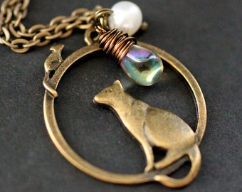 Cat and Mouse Necklace. Cat Necklace with Glass Teardrop and Fresh Water Pearl. Bronze Necklace. Cat Charm Necklace. Handmade Necklace.