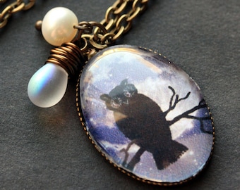 Owl Necklace. Owl Silhouette Pendant with Frosted Teardrop and Pearl. Owl Charm Necklace. Wearable Art Jewelry. Handmade Jewellery.