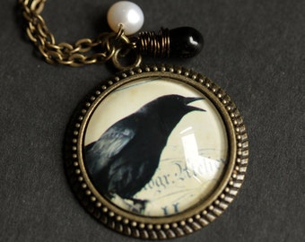 Crow Necklace. Raven Pendant. Black Bird Necklace with Black Teardrop and Fresh Water Pearl. Black Necklace. Bronze Handmade Necklace.