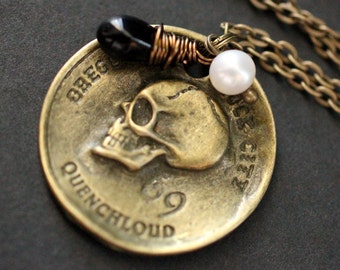 Pirate Necklace. Skull Necklace with Black Teardrop and Fresh Water Pearl. F* Forever Necklace. Reversible Charm Necklace. Handmade Jewelry.