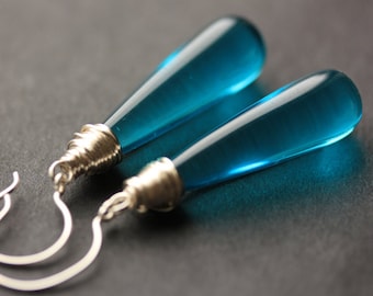 Teal Blue Earrings. Long Earrings. Teal Dangle Earrings. Long Teardrop Earrings. Teal Earrings. Wire Wrapped Earrings. Handmade Jewelry