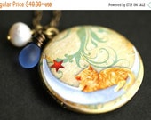 HOLIDAY SALE Cat on the Moon Locket Necklace. Napping Cat Necklace with Sky Blue Teardrop and Fresh Water Pearl Charm. Moon Necklace. Bronze