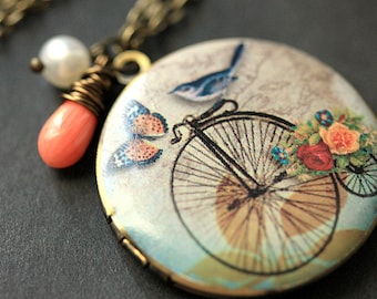 Bicycle Necklace. Blue Bird Necklace. Bird Necklace with Pink Coral Teardrop and Fresh Water Pearl. Bronze Locket. Handmade Jewelry.