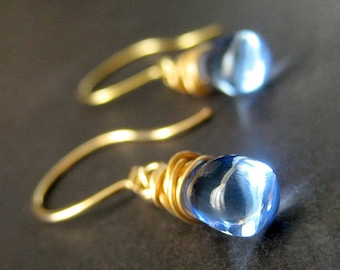 14K GOLD Wire Wrapped Earrings - Sky Blue Teardrop Earrings. Handmade Jewelry.