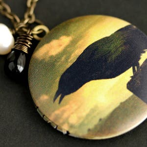 Black Bird Locket Necklace. Raven Necklace with Black Teardrop and Fresh Water Pearl Charm. Bronze Locket. Bird Necklace. Handmade Necklace.